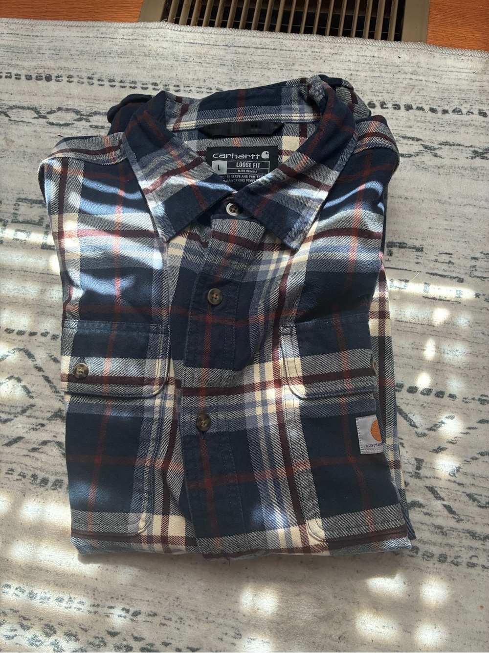 Carhartt Men’s Navy, Cream & Brown Plaid Button-Down Shirt